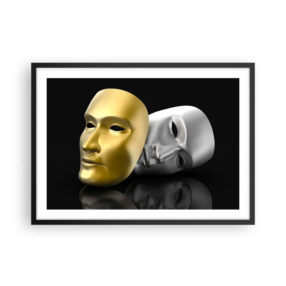 Affiche dans un cadre noir - Poster - Masque d'or et d'argent sur fond noir - 70x50cm - La vie est un théâtre - Décoration murale moderne pour le salon et la chambre ARTTOR