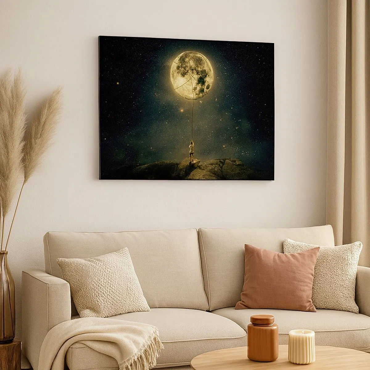 Impression sur toile - Image sur toile - L'homme avec la lune contre le ciel étoilé - 70x50cm - Celui qui a volé la lune - Décoration murale moderne pour le salon et la chambre ARTTOR