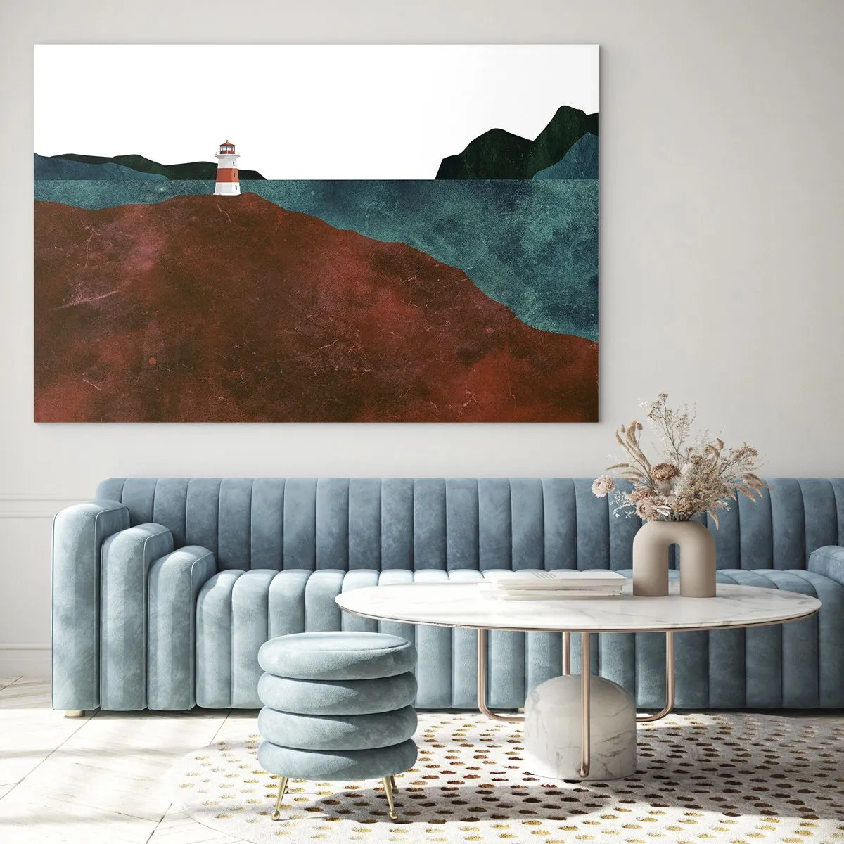 Impression sur verre - Image sur verre - Un phare sur fond de mer turquoise et de falaises rouges - 70x50cm - En regardant la mer - Décoration murale moderne pour le salon et la chambre ARTTOR