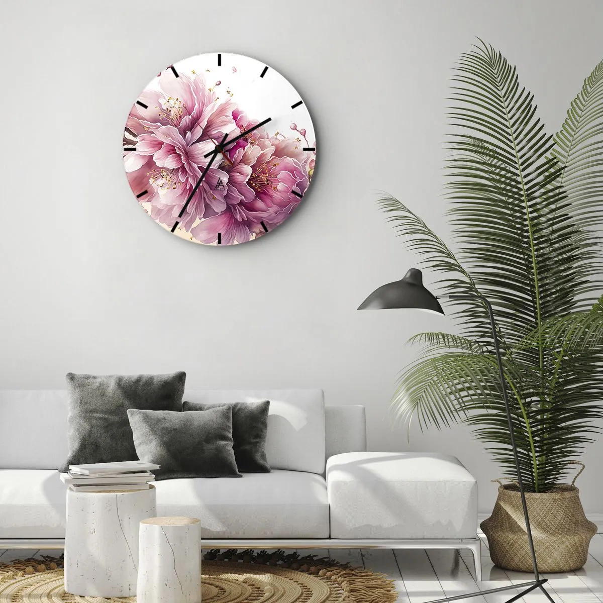 Horloge murale - Pendule murale - Fleurs de cerisier roses en fleurs sur fond blanc dans un style artistique - 30x30cm - Fleur florissante de cerisier - Décoration murale moderne pour le salon, la cuisine et la chambre ARTTOR