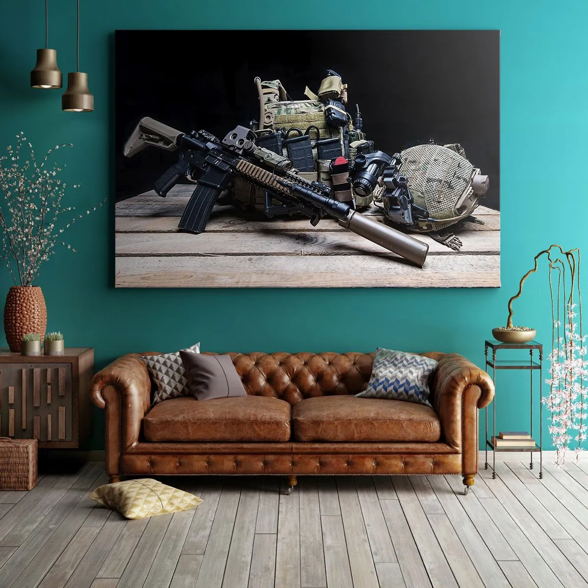 Impression sur toile - Image sur toile - Équipement tactique avec un fusil sur une table en bois - 70x50cm - Se reposer! - Décoration murale moderne pour le salon et la chambre ARTTOR