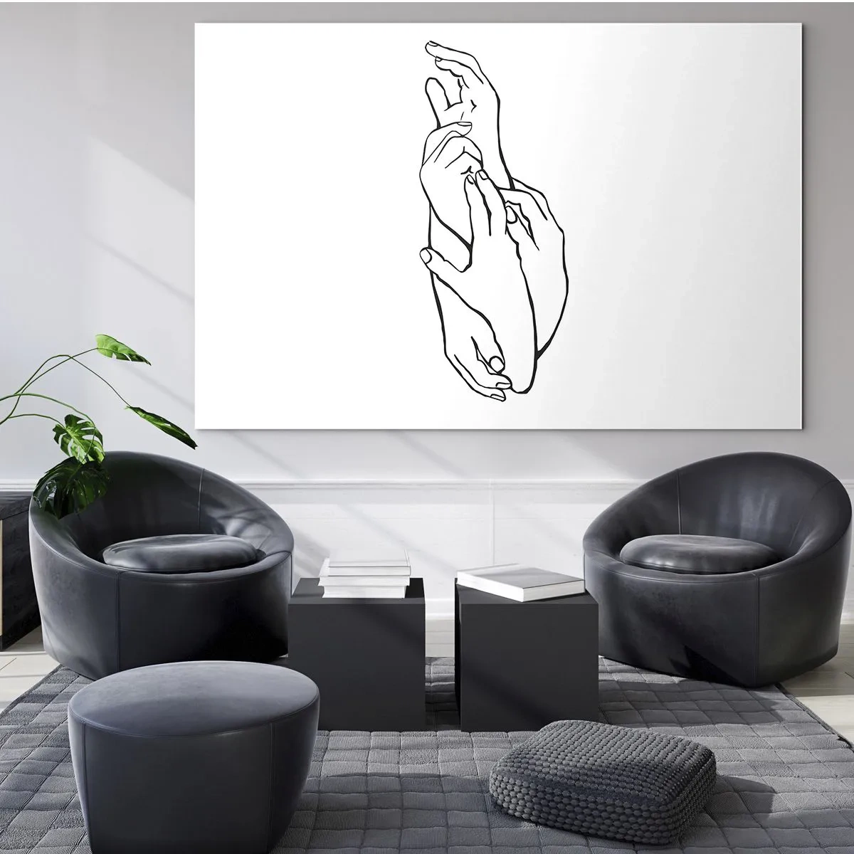 Impression sur verre - Image sur verre - Un dessin linéaire subtil de mains jointes sur un fond blanc. - 70x50cm - Bon contact - Décoration murale moderne pour le salon et la chambre ARTTOR