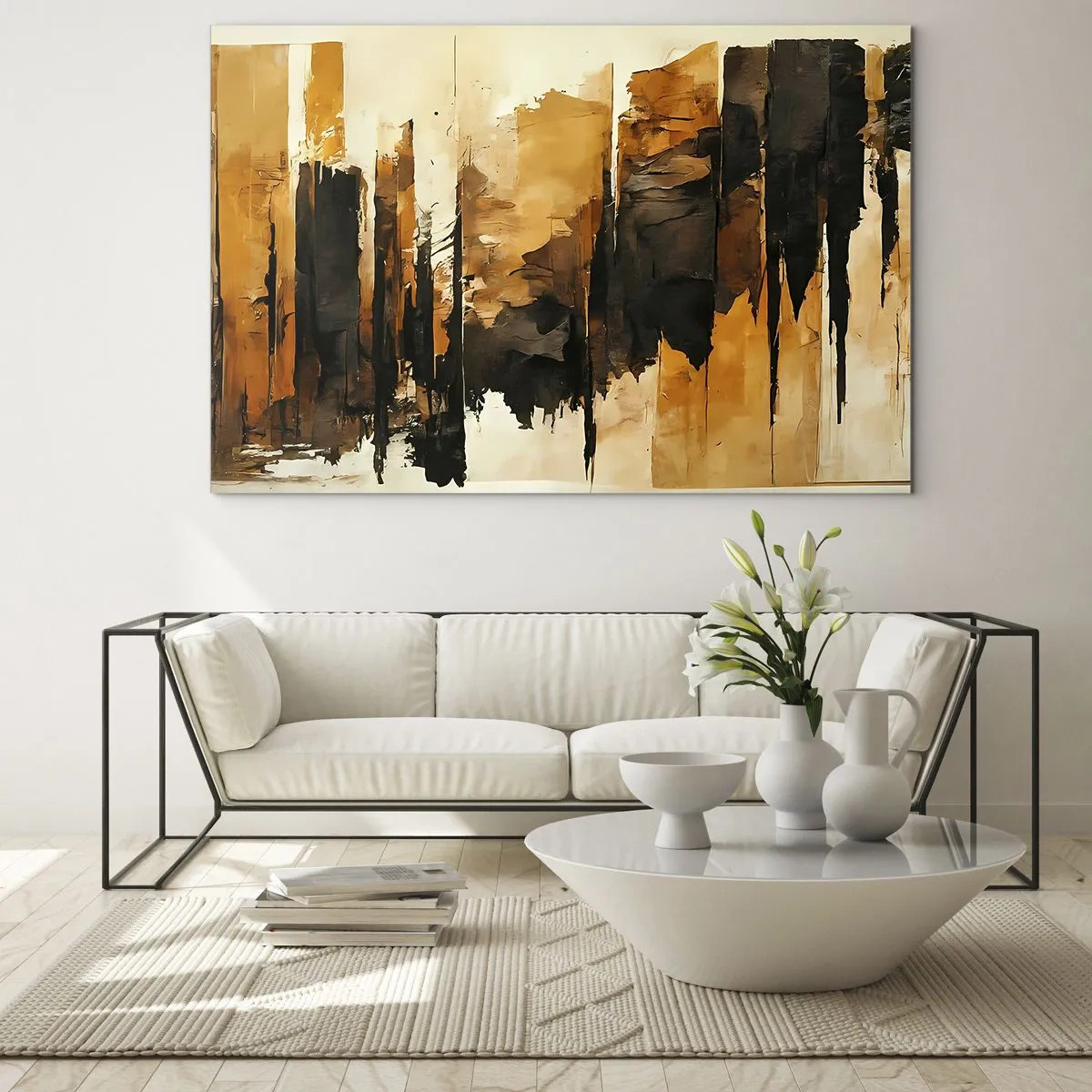 Impression sur verre - Image sur verre - Abstraction brun doré avec des structures verticales - 70x50cm - Harmonie de noir et d'or - Décoration murale moderne pour le salon et la chambre ARTTOR