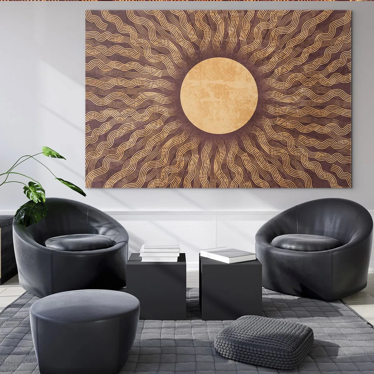 Impression sur verre - Image sur verre - Un soleil stylisé avec des rayons en forme de lignes ondulées sur un fond marron. - 70x50cm - Icône du soleil - Décoration murale moderne pour le salon et la chambre ARTTOR