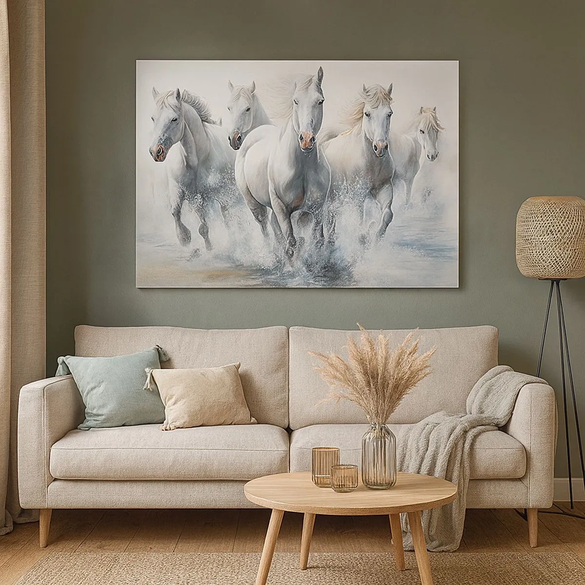 Impression sur toile - Image sur toile - Des chevaux blancs galopent dans l'eau - 70x50cm - Magie blanche - Décoration murale moderne pour le salon et la chambre ARTTOR