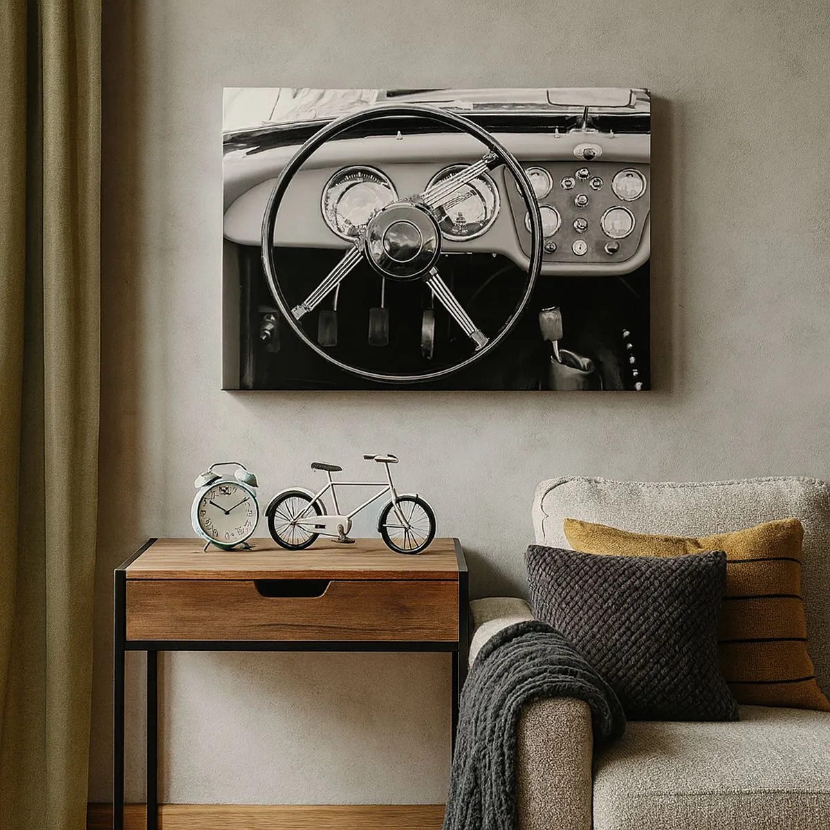 Impression sur toile - Image sur toile - Intérieur de voiture classique noir et blanc - 70x50cm - Rêve de collectionneur - Décoration murale moderne pour le salon et la chambre ARTTOR