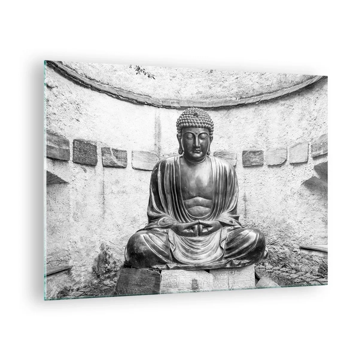 Impression sur verre - Image sur verre - Statue de Bouddha en noir et blanc dans une pose méditative - 70x50cm - A la source de la paix - Décoration murale moderne pour le salon et la chambre ARTTOR