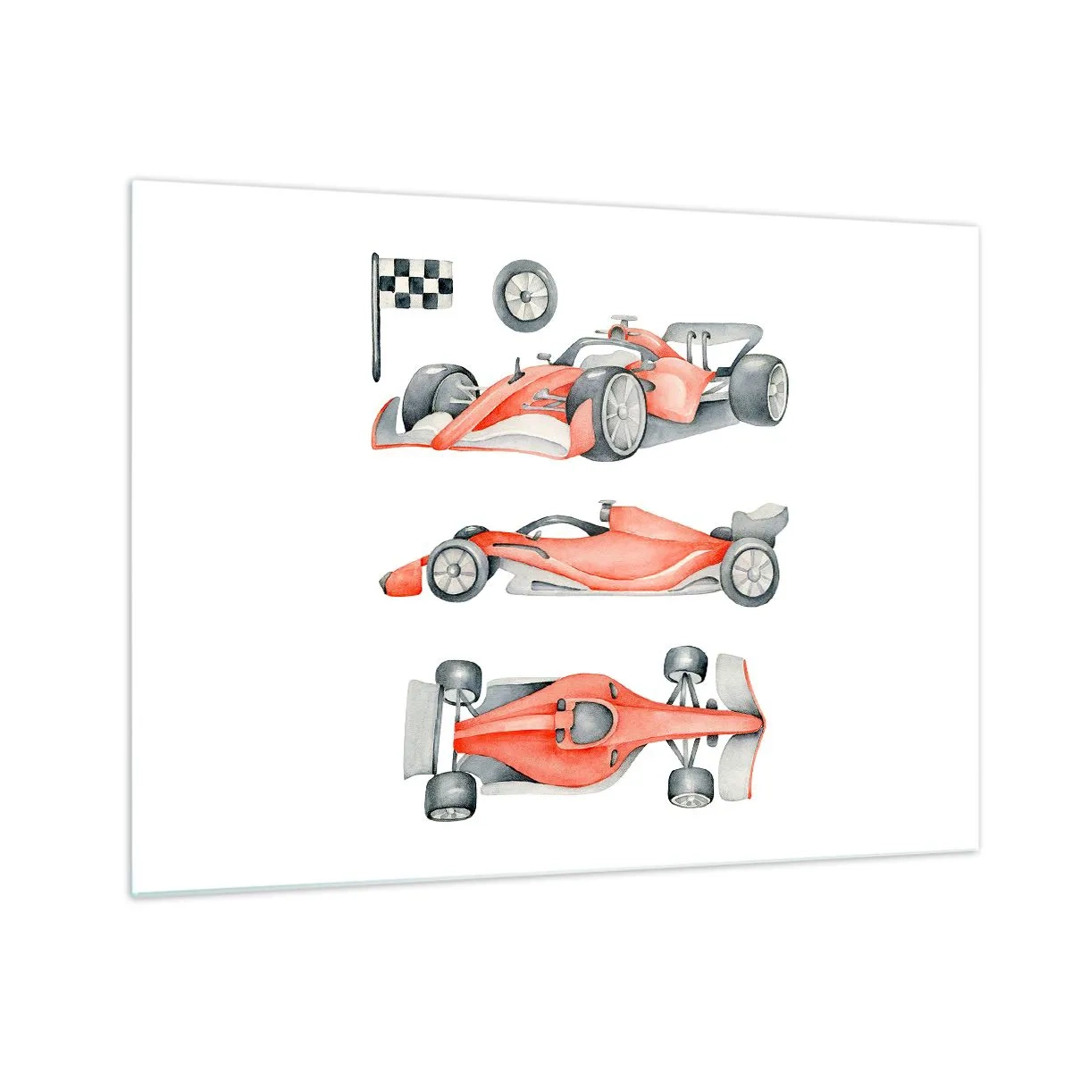 Impression sur verre - Image sur verre - Illustration en trois plans d'une voiture de course rouge avec un drapeau de course - 70x50cm - poursuis ton rêve - Décoration murale moderne pour le salon et la chambre ARTTOR