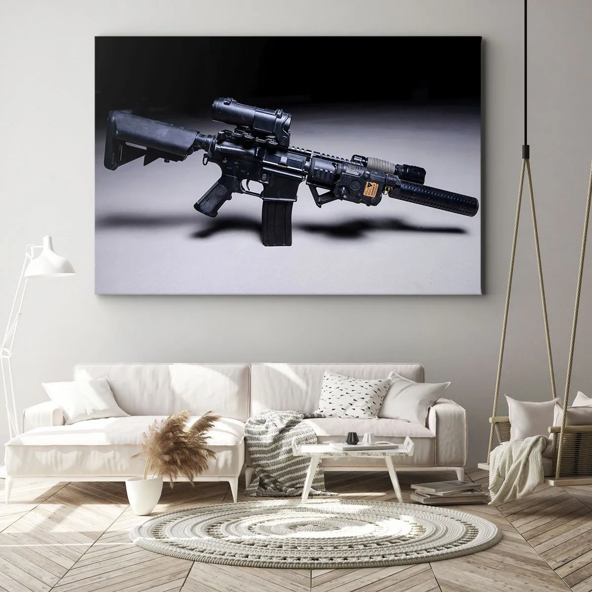 Impression sur toile - Image sur toile - Un fusil moderne en noir sur fond sombre - 70x50cm - Chevalier ténébreux - Décoration murale moderne pour le salon et la chambre ARTTOR