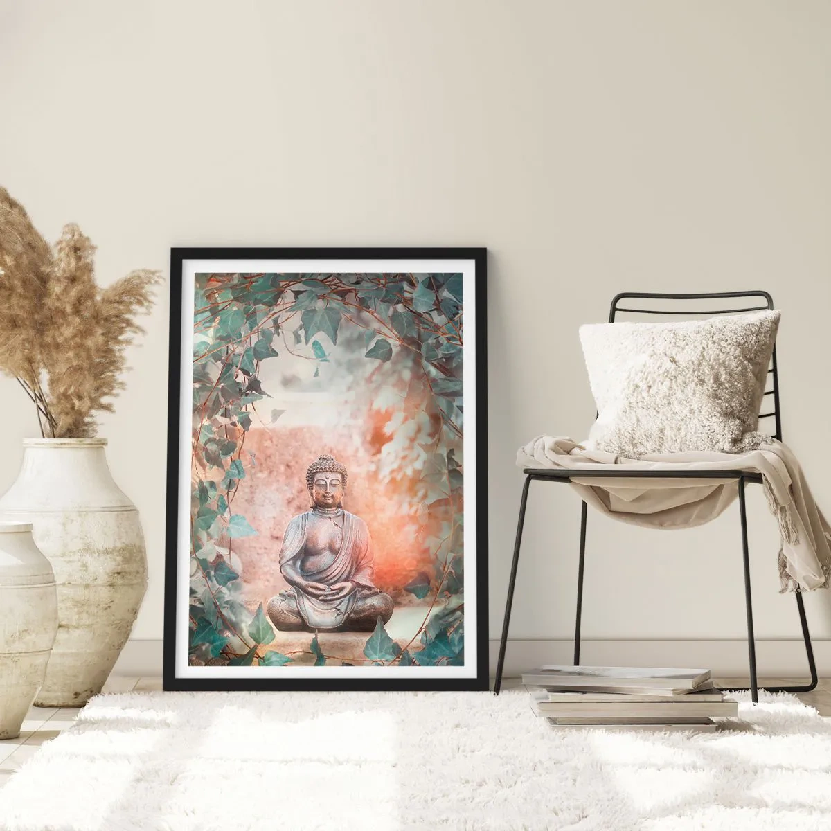 Affiche dans un cadre noir - Poster - Une statue de Bouddha entourée de lierre dans une aura méditative - 50x70cm - Harmonie joyeuse - Décoration murale moderne pour le salon et la chambre ARTTOR