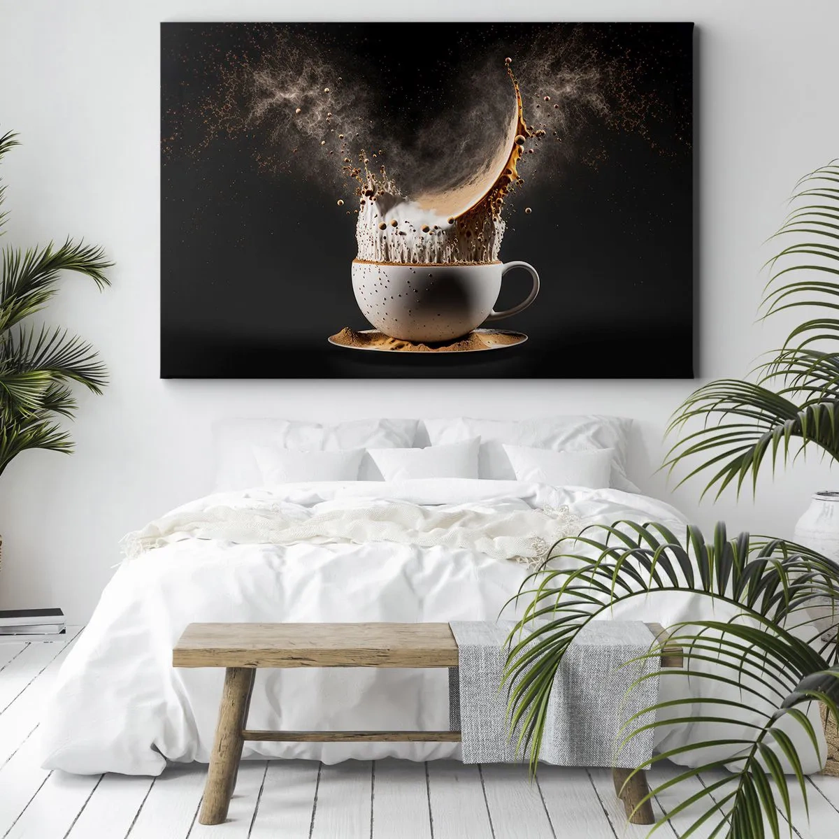 Impression sur toile - Image sur toile - Une tasse de café avec une explosion dynamique de liquide sur fond noir. - 70x50cm - Une explosion de saveur - Décoration murale moderne pour le salon et la chambre ARTTOR