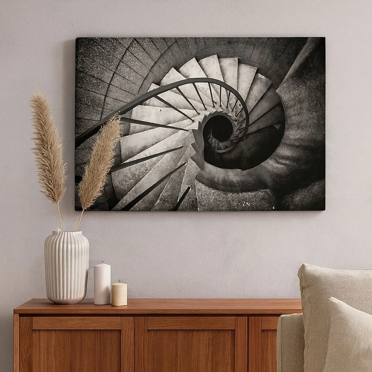Impression sur toile - Image sur toile - Escalier en colimaçon noir et blanc de style moderne - 70x50cm - En haut des escaliers, en bas des escaliers - Décoration murale moderne pour le salon et la chambre ARTTOR