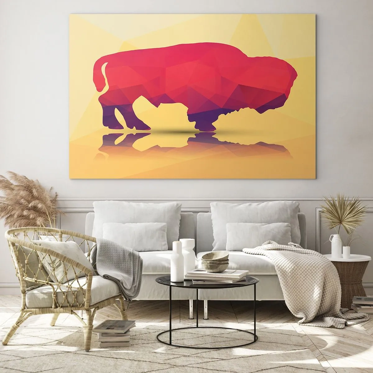 Impression sur verre - Image sur verre - Bison géométrique aux couleurs chaudes - 70x50cm - La force amarante du bison - Décoration murale moderne pour le salon et la chambre ARTTOR