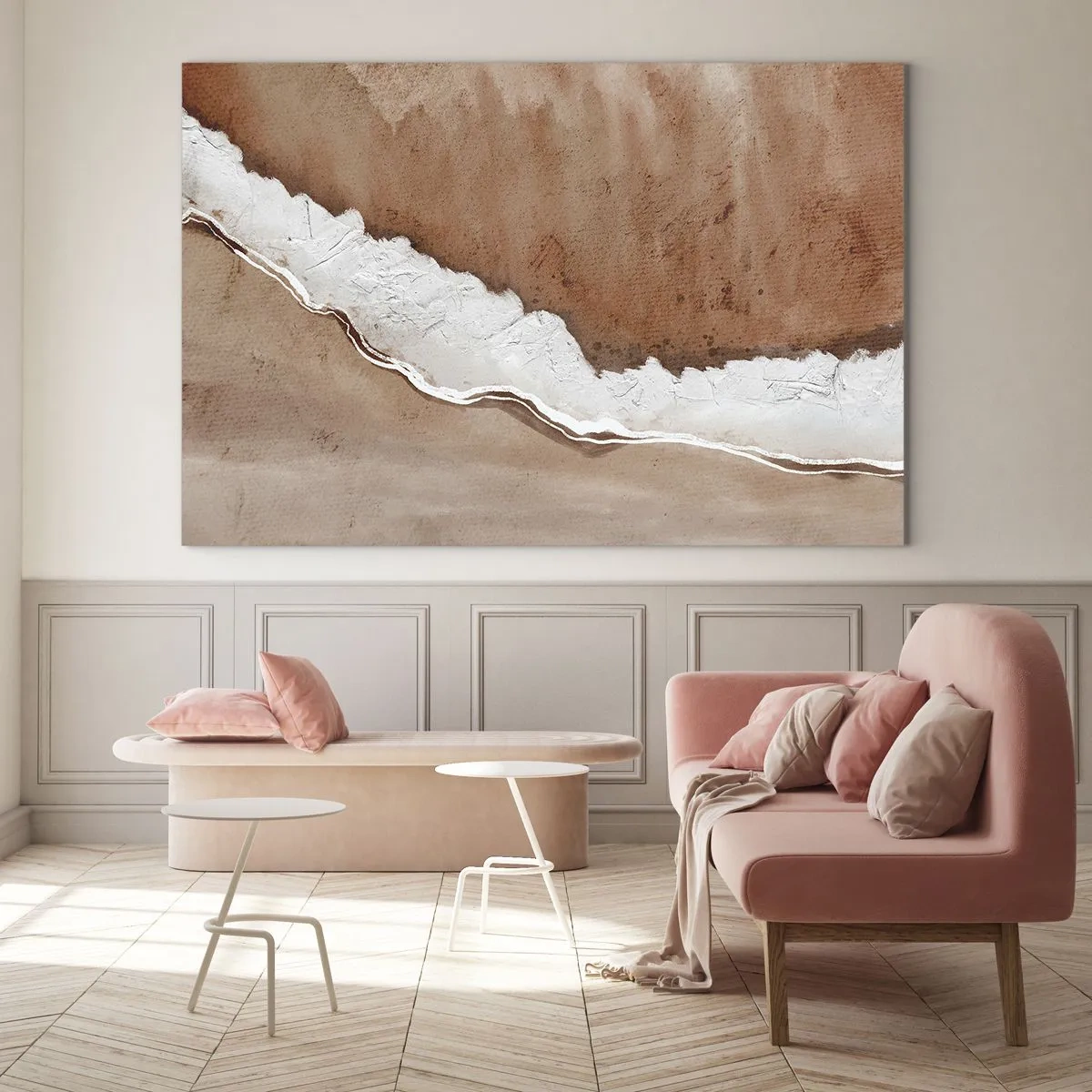 Impression sur verre - Image sur verre - Structure artistique dans des tons terre et blanc - 70x50cm - Dans des couleurs de la terre - Décoration murale moderne pour le salon et la chambre ARTTOR