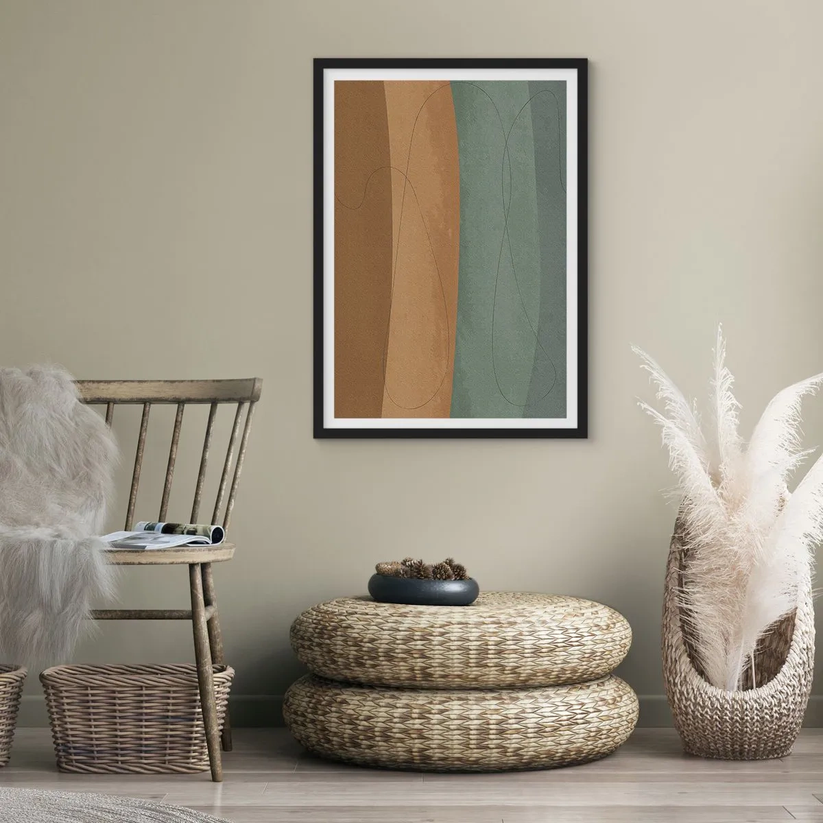 Affiche dans un cadre noir - Poster - Lignes organiques sur des fonds terreux et verts - 50x70cm - Composition horizontale - Décoration murale moderne pour le salon et la chambre ARTTOR
