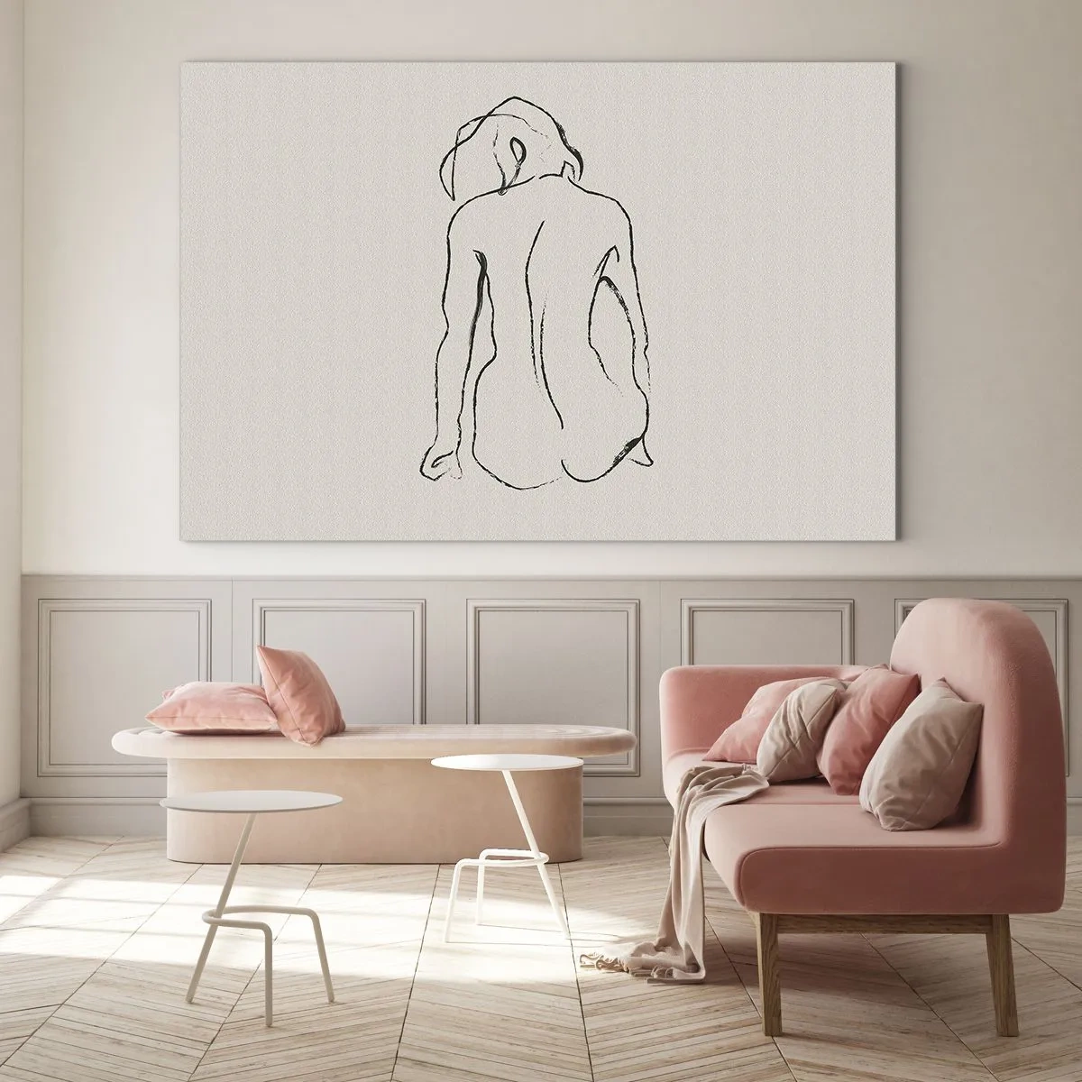 Impression sur verre - Image sur verre - Un croquis délicat d'une femme assise, dessiné en noir sur un fond clair. - 70x50cm - Femme nue - Décoration murale moderne pour le salon et la chambre ARTTOR