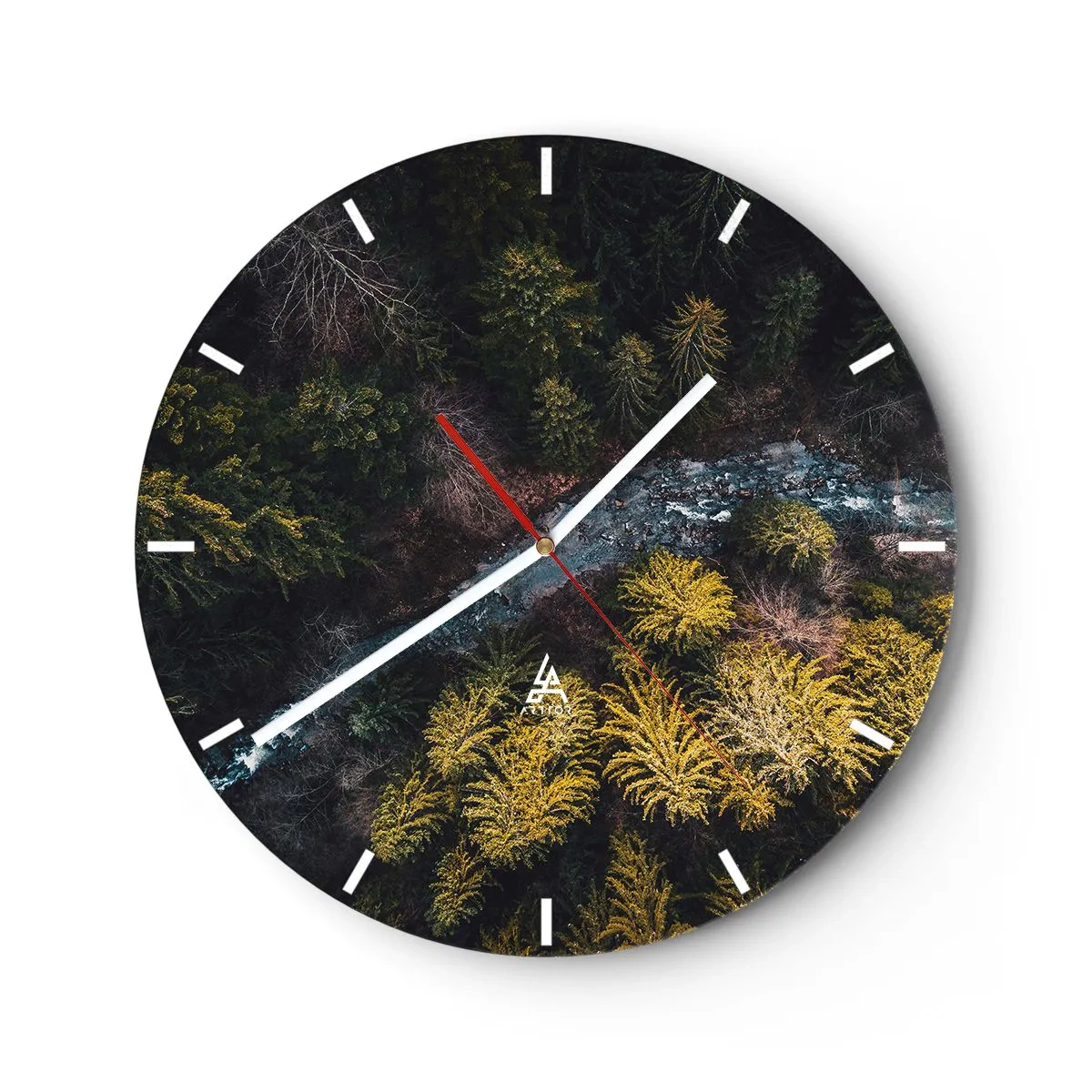 Horloge murale - Pendule murale - Vue d'en haut de la forêt et d'un ruisseau parmi les conifères - 30x30cm - De plus en plus vite - Décoration murale moderne pour le salon, la cuisine et la chambre ARTTOR
