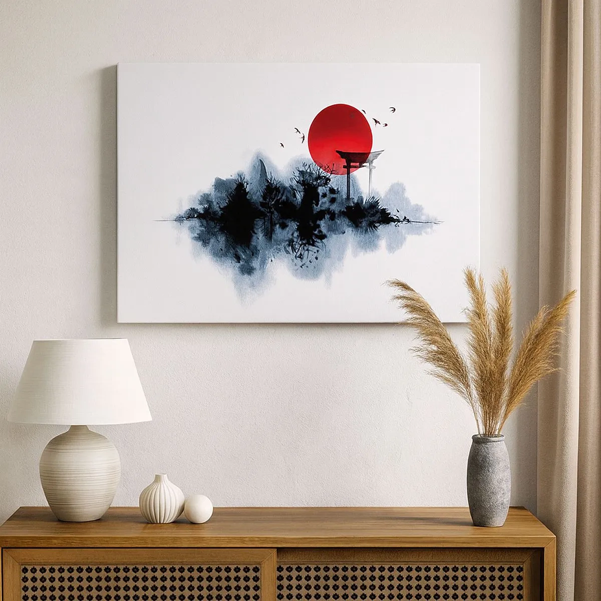 Impression sur toile - Image sur toile - Soleil rouge sur un paysage pittoresque avec torii - 70x50cm - Vue japonnaise - Décoration murale moderne pour le salon et la chambre ARTTOR