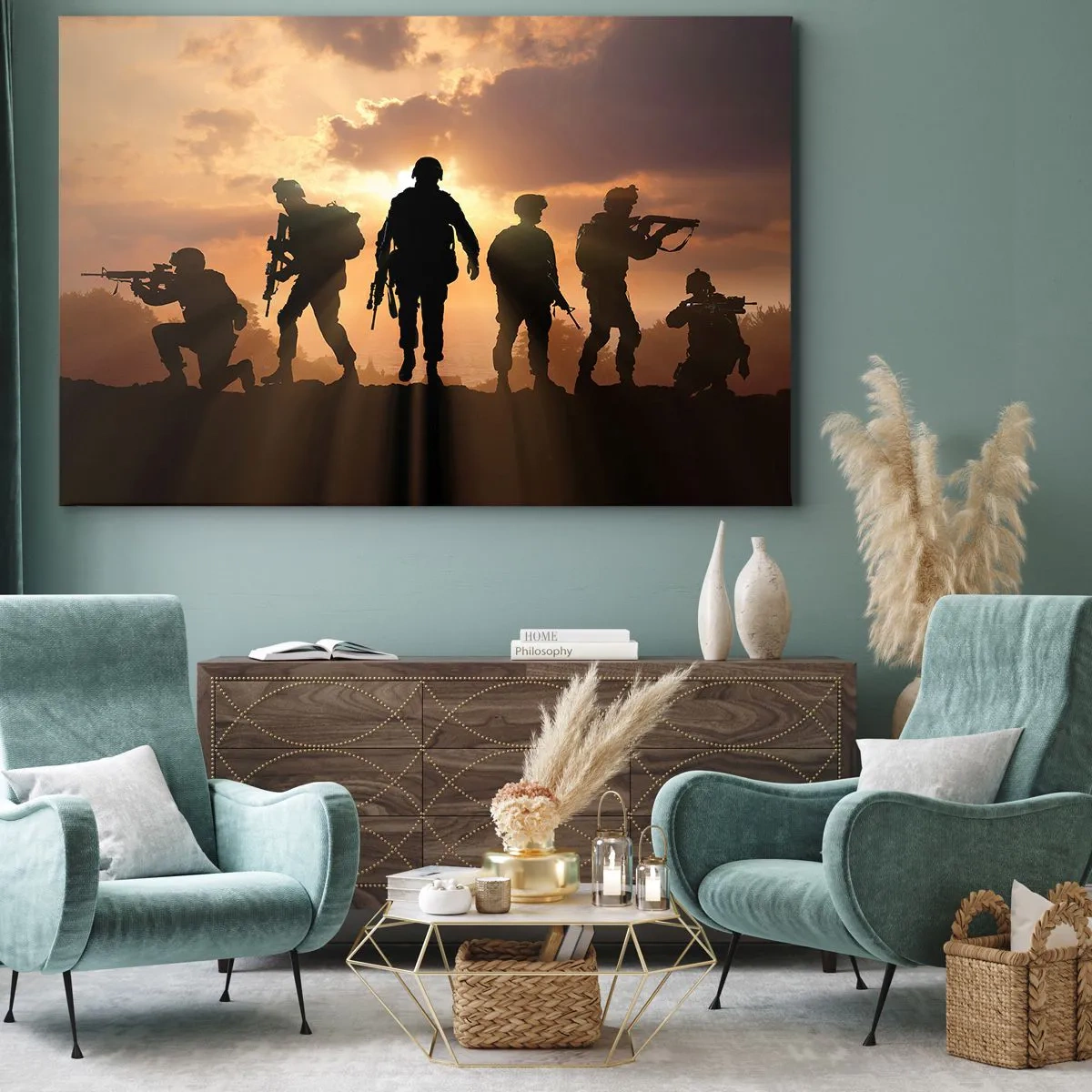 Impression sur toile - Image sur toile - Soldats sur fond de soleil couchant dans un décor dynamique - 70x50cm - Brothers in arms - Décoration murale moderne pour le salon et la chambre ARTTOR