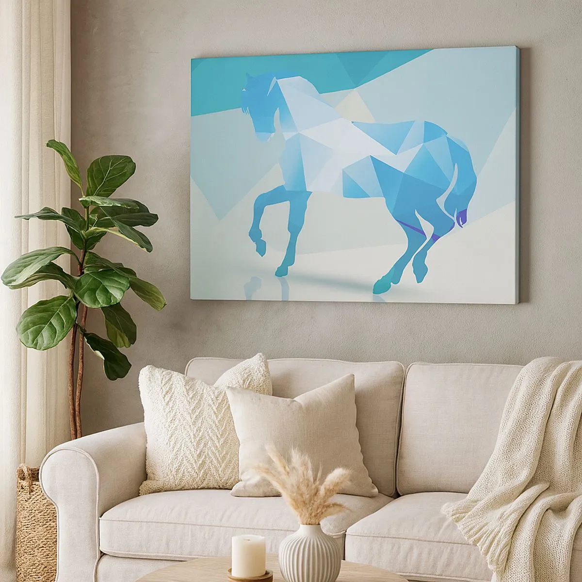Impression sur toile - Image sur toile - Silhouette géométrique d'un cheval dans des tons bleus - 70x50cm - Cheval géométrique en turquoise - Décoration murale moderne pour le salon et la chambre ARTTOR