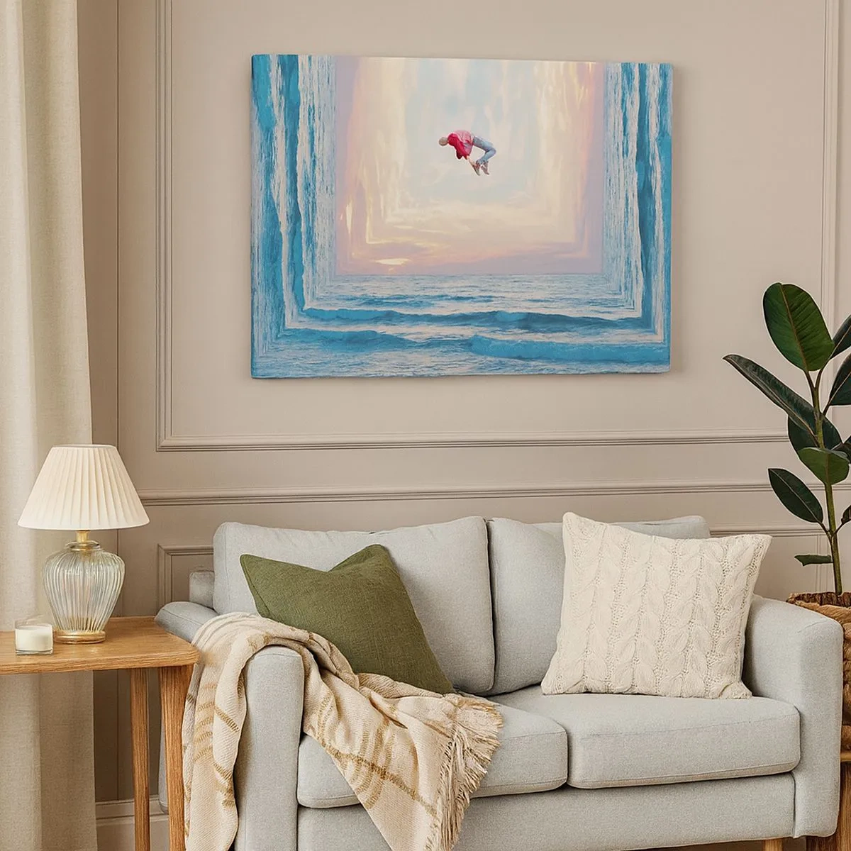 Impression sur toile - Image sur toile - Saut surréaliste au-dessus de la mer dans le cadre - 70x50cm - Vers une autre dimension - Décoration murale moderne pour le salon et la chambre ARTTOR
