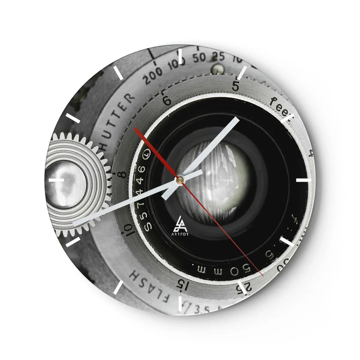 Horloge murale - Pendule murale - Gros plan d'un objectif d'appareil photo en noir et blanc - 30x30cm - Histoire d'Hollywood - Décoration murale moderne pour le salon, la cuisine et la chambre ARTTOR