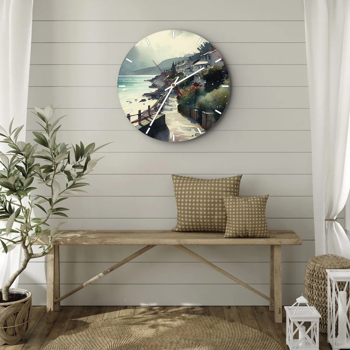 Horloge murale - Pendule murale - Un sentier côtier traversant des bâtiments méditerranéens avec vue sur la mer - 30x30cm - Ville méditerranéenne - Décoration murale moderne pour le salon, la cuisine et la chambre ARTTOR