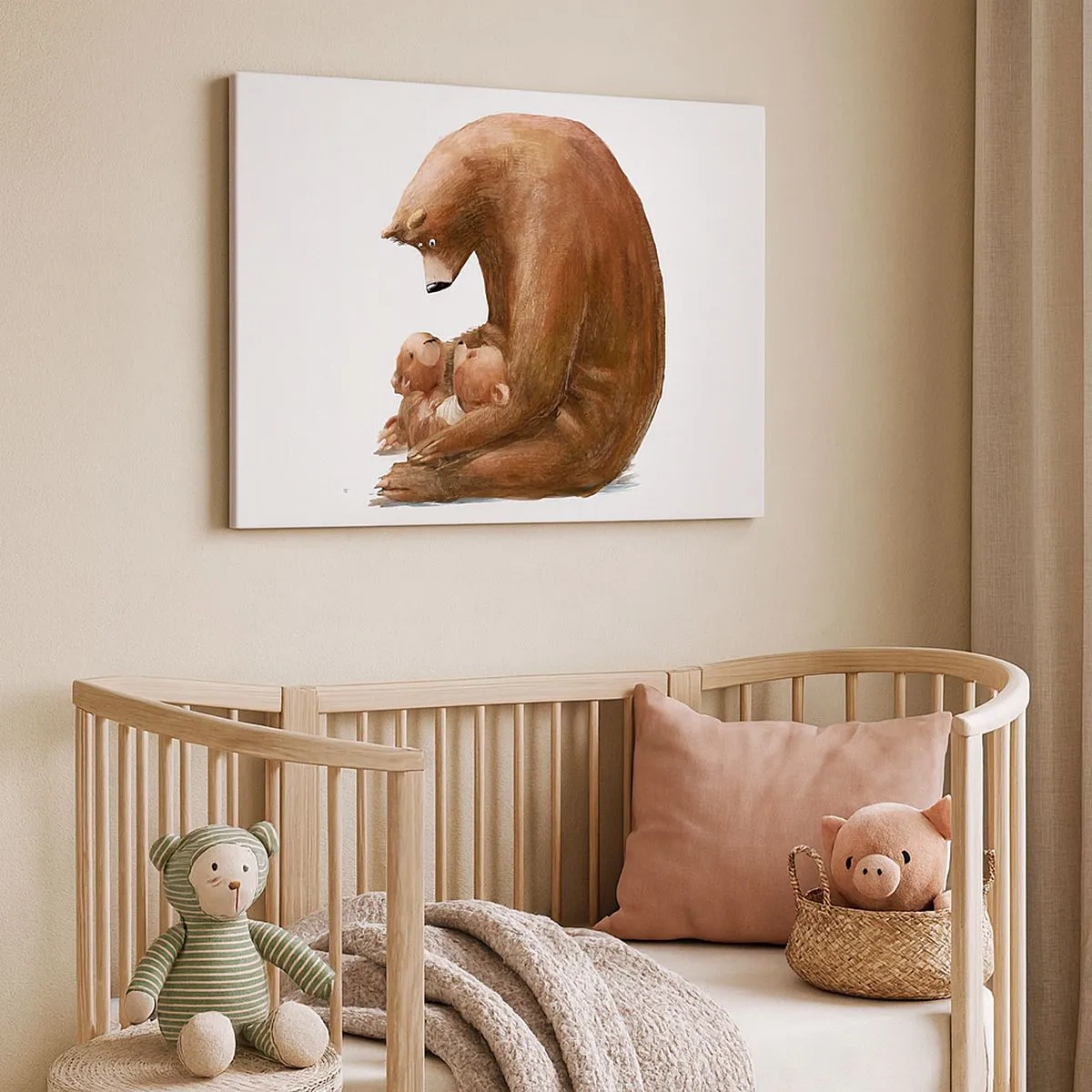 Impression sur toile - Image sur toile - Une mère ours avec deux petits ours dans ses bras - 70x50cm - Faites de beaux rêves les enfants - Décoration murale moderne pour le salon et la chambre ARTTOR