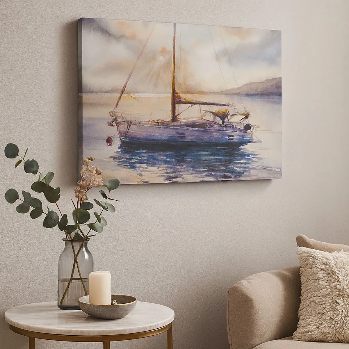 Impression sur toile - Image sur toile - Un yacht sur une mer calme au coucher du soleil - 70x50cm - Soirée sur la baie - Décoration murale moderne pour le salon et la chambre ARTTOR