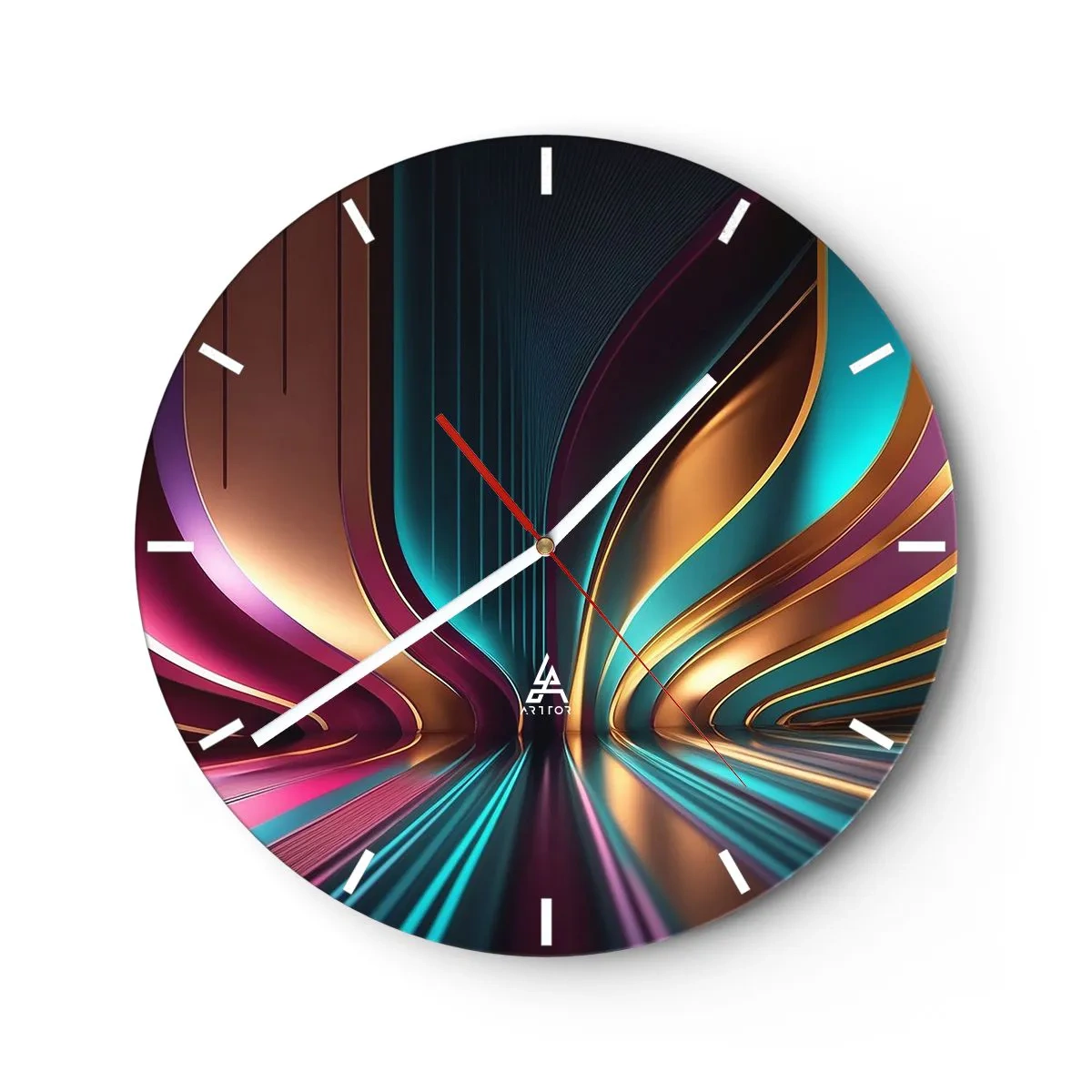 Horloge murale - Pendule murale - Lignes lumineuses futuristes en or, turquoise et violet - 30x30cm - Architektura światła - Décoration murale moderne pour le salon, la cuisine et la chambre ARTTOR