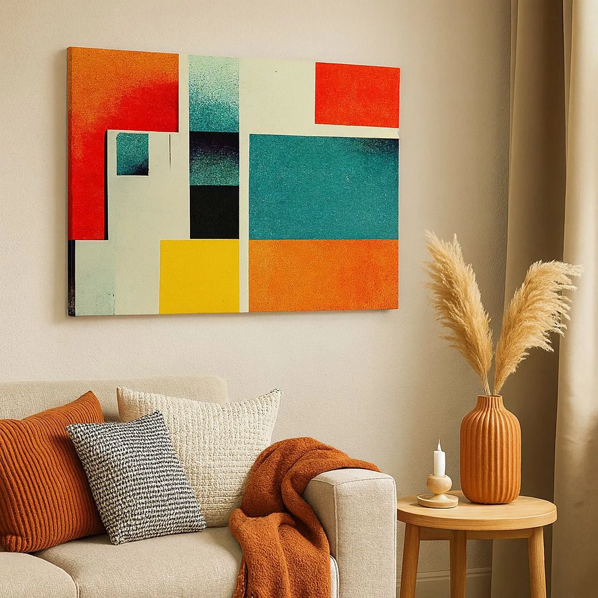 Impression sur toile - Image sur toile - Abstraction géométrique avec des rectangles et des carrés colorés - 70x50cm - Abstraction géométrique – bonne énergie - Décoration murale moderne pour le salon et la chambre ARTTOR