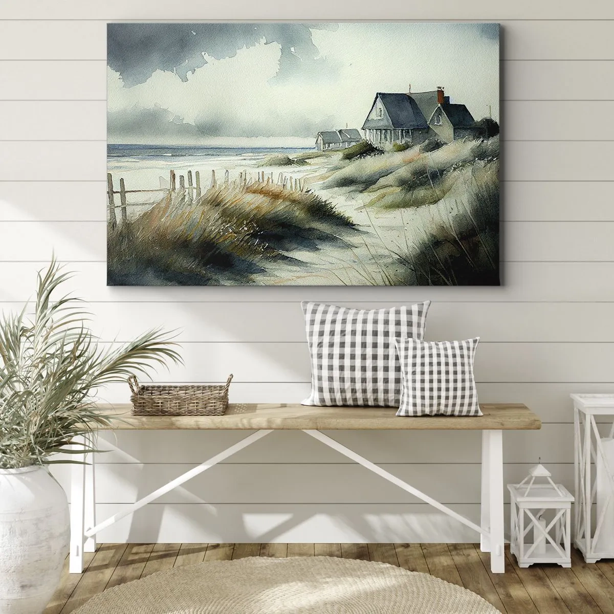 Impression sur toile - Image sur toile - Une maison de bord de mer entourée d'herbe et surplombant la mer - 70x50cm - Loin de l'agitation - Décoration murale moderne pour le salon et la chambre ARTTOR