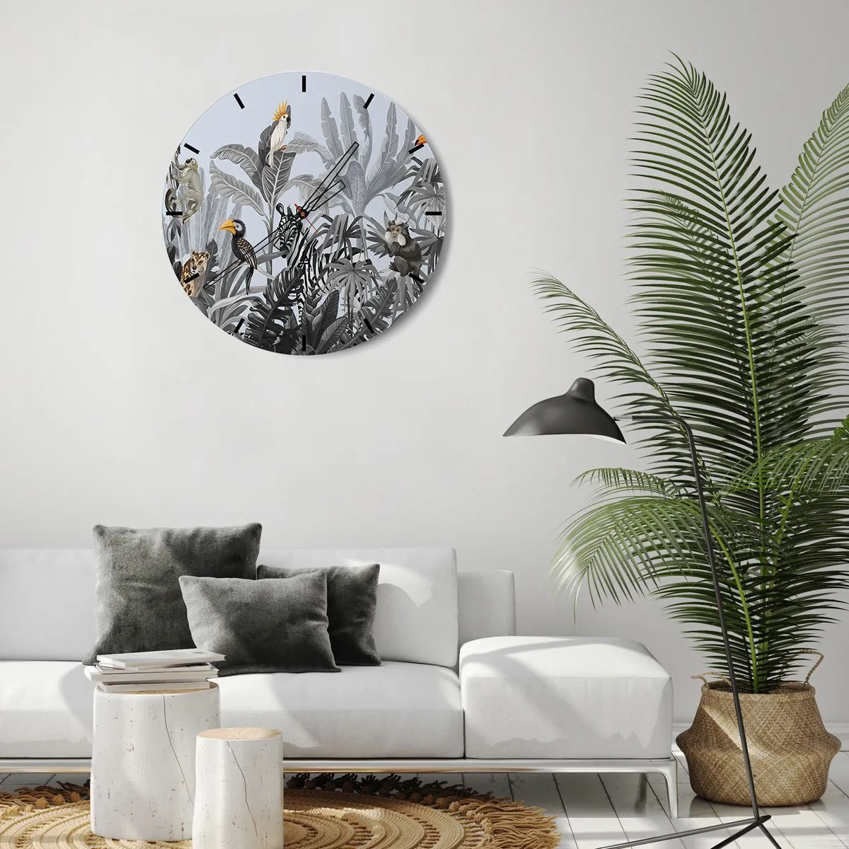 Horloge murale - Pendule murale - Plantes tropicales avec des animaux exotiques sur fond de jungle - 30x30cm - Conte de fées africain - Décoration murale moderne pour le salon, la cuisine et la chambre ARTTOR