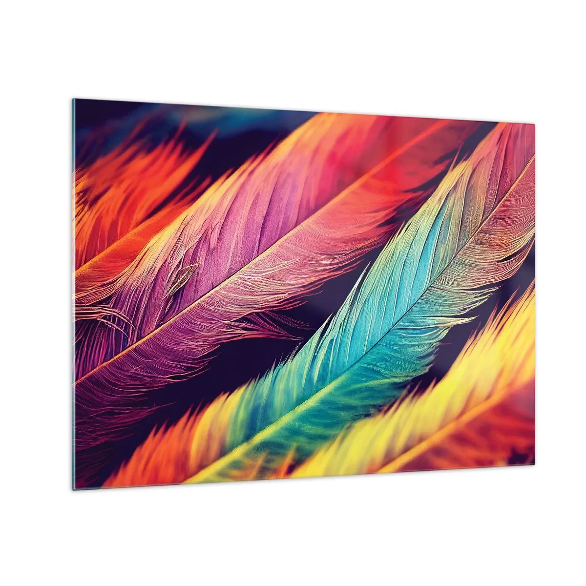 Impression sur verre - Image sur verre - Plumes colorées aux nuances arc-en-ciel intenses - 70x50cm - Arc-en-ciel de plumes - Décoration murale moderne pour le salon et la chambre ARTTOR