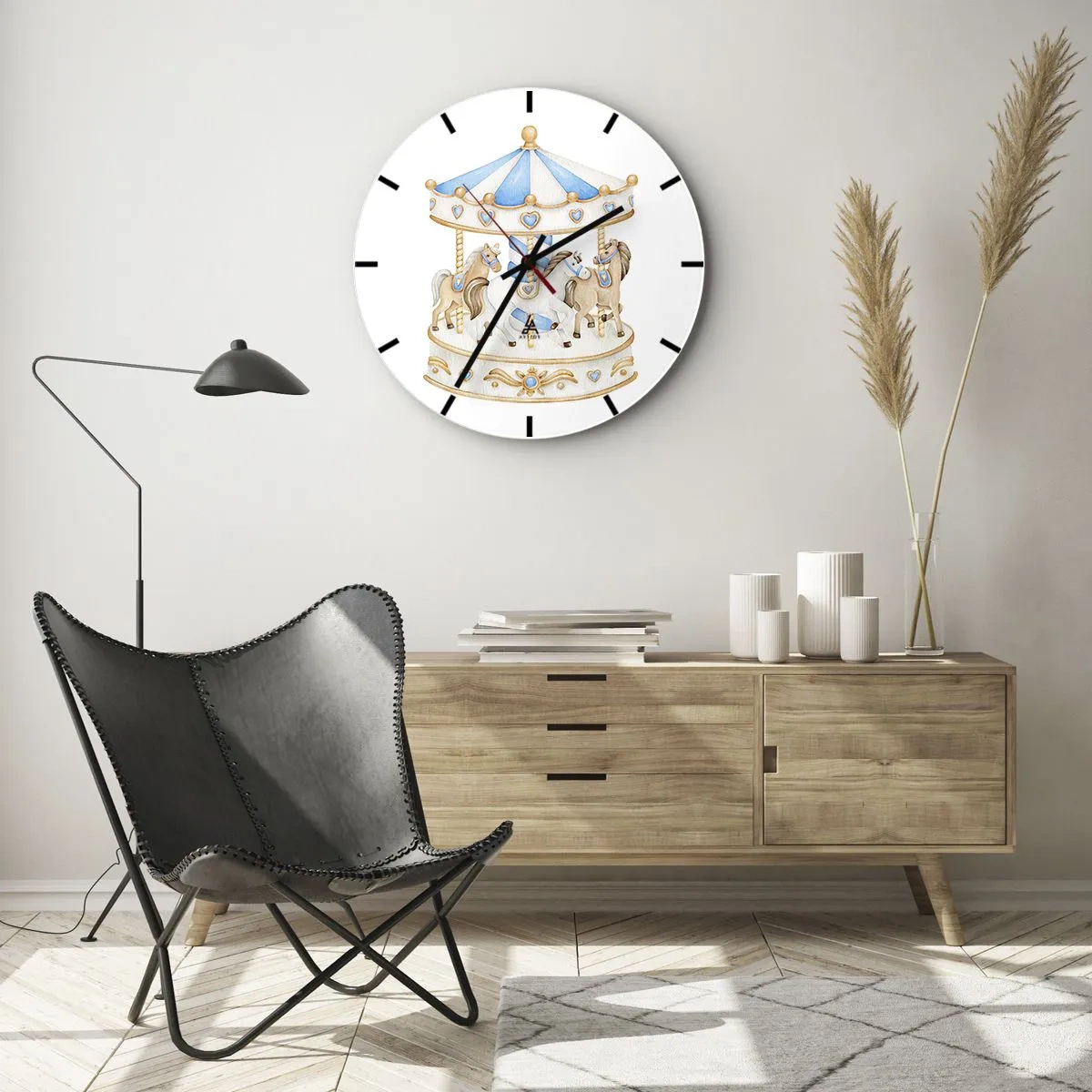 Horloge murale - Pendule murale - Un carrousel avec des chevaux dans des tons pastel de bleu et de beige - 30x30cm - Douce enfance - Décoration murale moderne pour le salon, la cuisine et la chambre ARTTOR