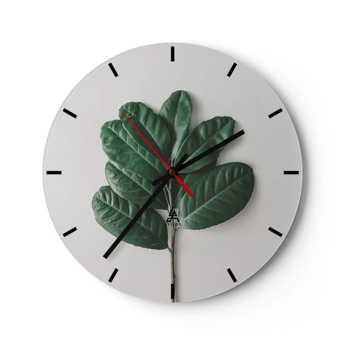 Horloge murale - Pendule murale - Une branche verte avec de grandes feuilles sur un fond clair - 30x30cm - Dessin de la nature elle-même - Décoration murale moderne pour le salon, la cuisine et la chambre ARTTOR
