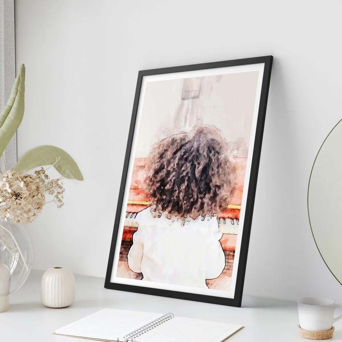 Affiche dans un cadre noir - Poster - Un enfant aux boucles luxuriantes jouant du piano dans un style aquarelle - 50x70cm - Dans un nouveau monde - Décoration murale moderne pour le salon et la chambre ARTTOR