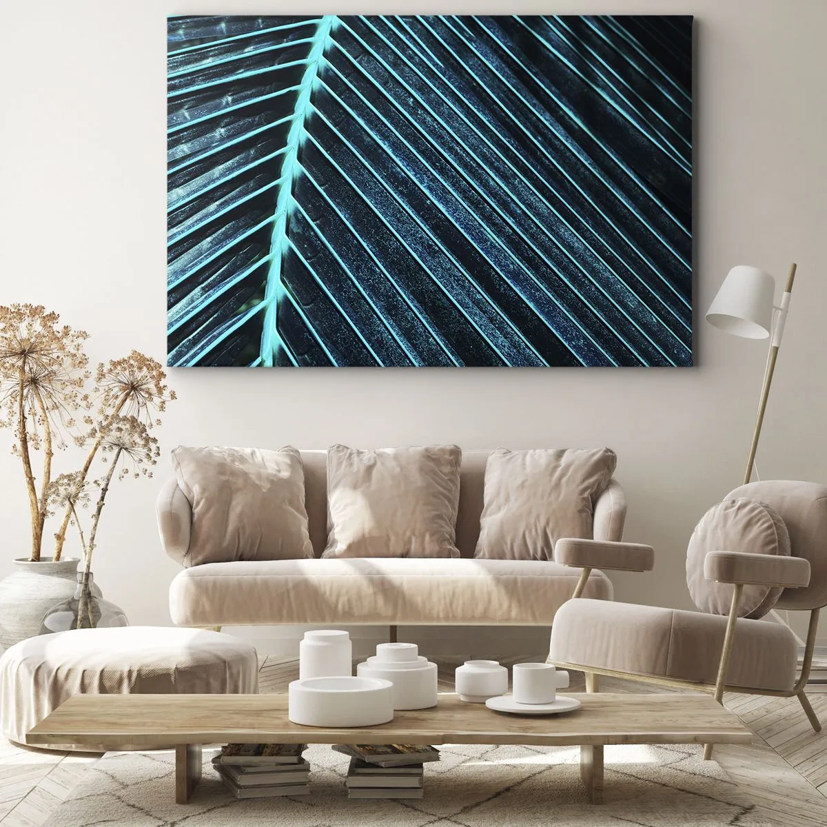 Impression sur toile - Image sur toile - Macrophotographie d'une feuille dans les tons turquoise et bleu marine - 70x50cm - Texture verte - Décoration murale moderne pour le salon et la chambre ARTTOR