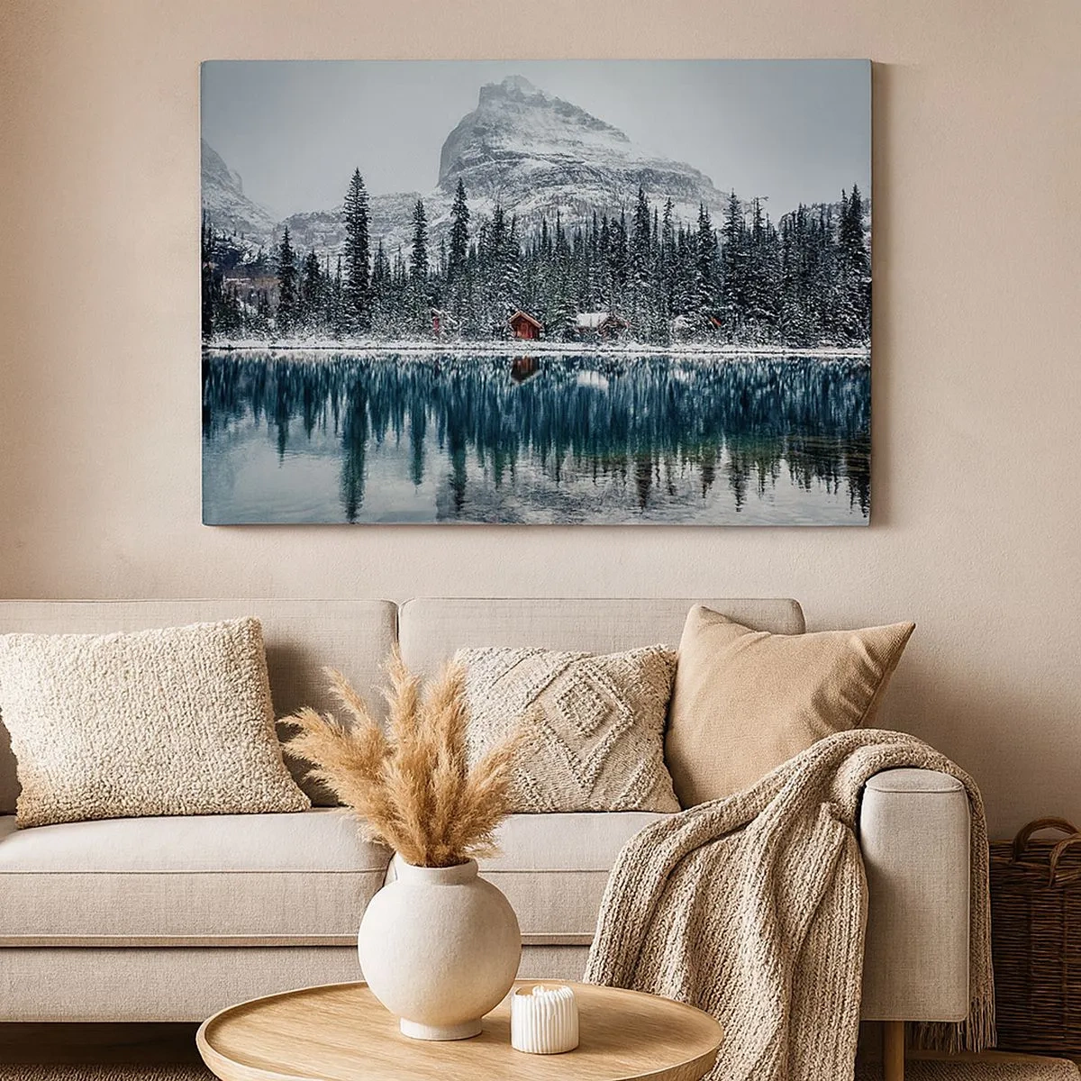 Impression sur toile - Image sur toile - Paysage d'hiver avec des chalets dans la forêt au bord d'un lac gelé - 70x50cm - Retraite canadienne - Décoration murale moderne pour le salon et la chambre ARTTOR
