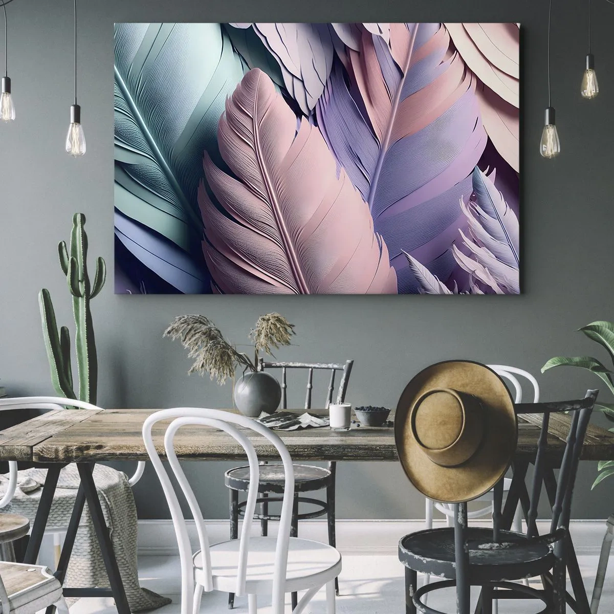 Impression sur toile - Image sur toile - Plumes colorées dans des tons pastel sur un fond clair - 70x50cm - Oiseau chic - Décoration murale moderne pour le salon et la chambre ARTTOR