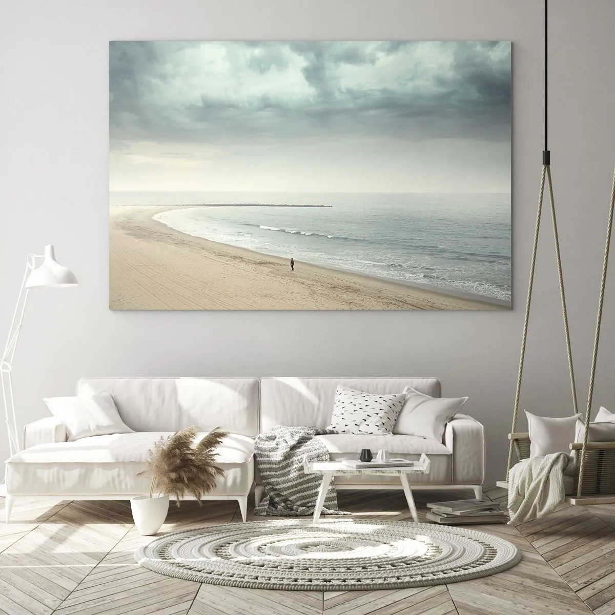 Impression sur verre - Image sur verre - Une silhouette se promenant sur une plage déserte au bord d'une mer calme - 70x50cm - à la recherche de la paix - Décoration murale moderne pour le salon et la chambre ARTTOR