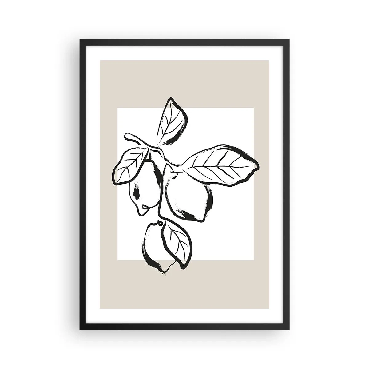 Affiche dans un cadre noir - Poster - Une illustration minimaliste d'une branche de citron dans un style noir et blanc. - 50x70cm - Où mûrit le citron… - Décoration murale moderne pour le salon et la chambre ARTTOR