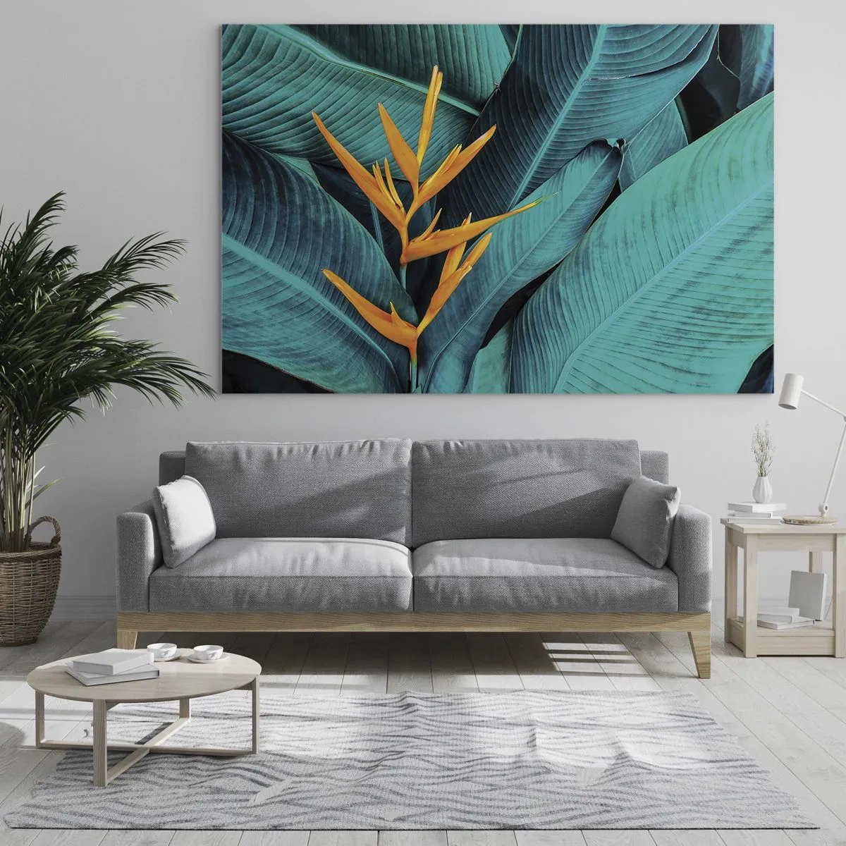 Impression sur verre - Image sur verre - Une fleur exotique sur un fond de grandes feuilles vertes. - 70x50cm - Fleur d'Eden - Décoration murale moderne pour le salon et la chambre ARTTOR