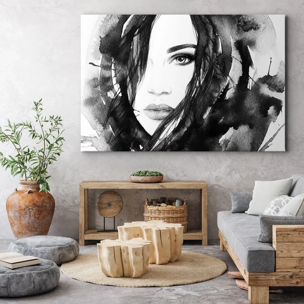 Impression sur toile - Image sur toile - Portrait de femme à l'aquarelle noir et blanc - 70x50cm - Portrait d'une dame en noir et blanc - Décoration murale moderne pour le salon et la chambre ARTTOR