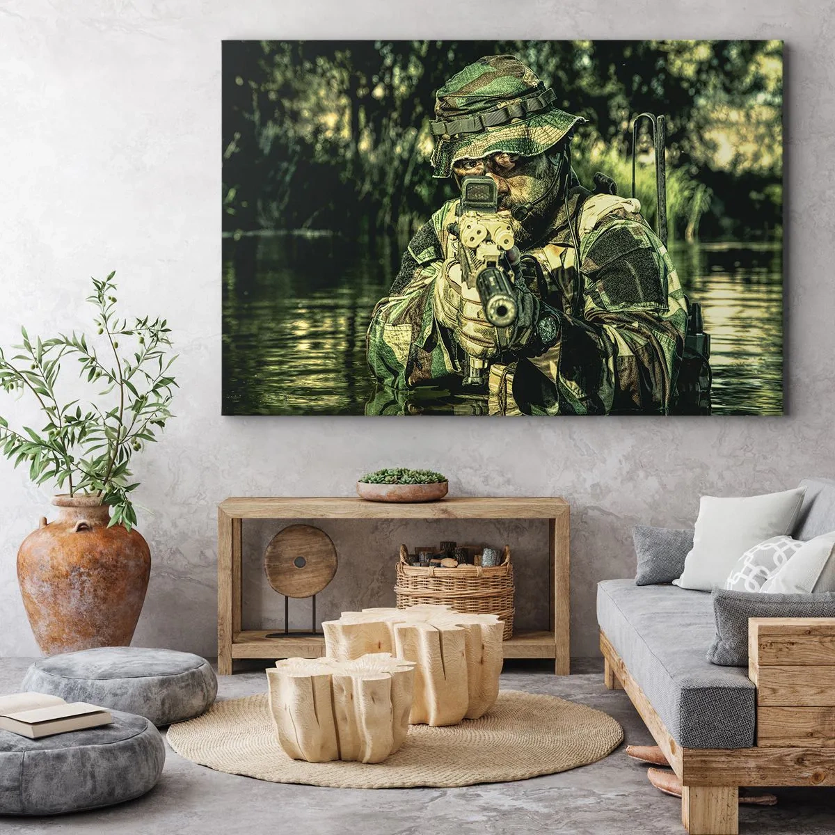 Impression sur toile - Image sur toile - Un soldat en tenue de camouflage vise à travers l'eau. - 70x50cm - Le meilleur des meilleurs - Décoration murale moderne pour le salon et la chambre ARTTOR