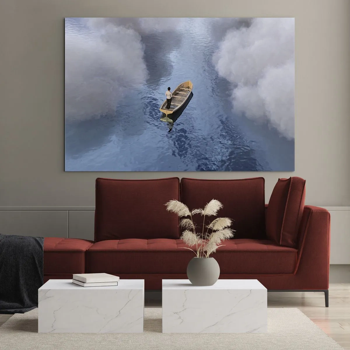 Impression sur verre - Image sur verre - Un homme dans un bateau naviguant sur l'eau parmi les nuages - 70x50cm - Vie – voyage – inconnu - Décoration murale moderne pour le salon et la chambre ARTTOR
