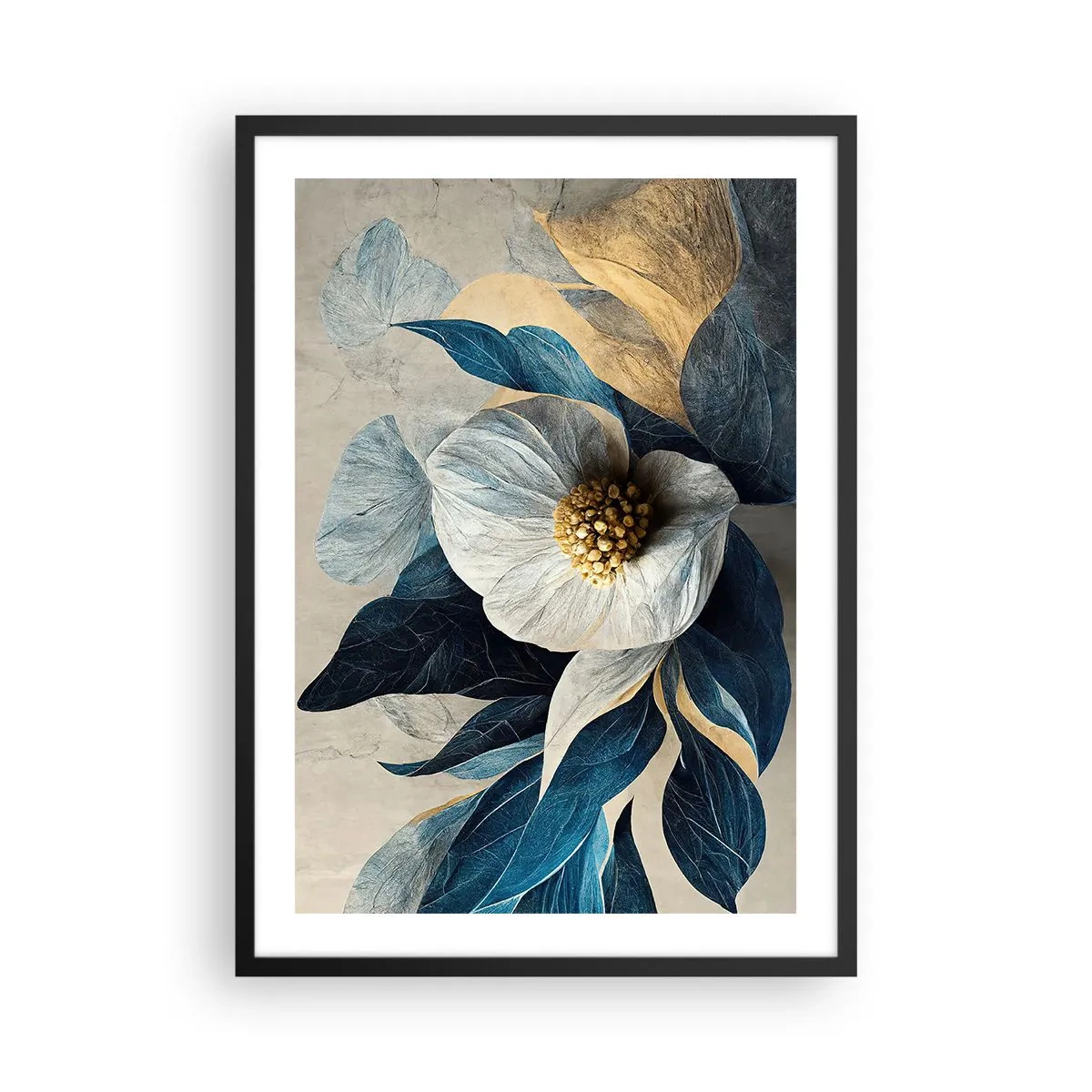 Affiche dans un cadre noir - Poster - Une fleur élégante dans les tons bleu marine et or - 50x70cm - Il a un coeur d'or - Décoration murale moderne pour le salon et la chambre ARTTOR