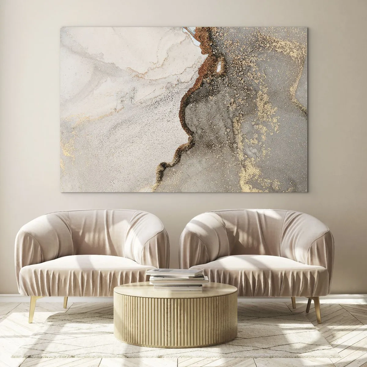 Impression sur verre - Image sur verre - Composition abstraite avec du beige, de l'or et du graphite - 70x50cm - Aux frontières des couleurs - Décoration murale moderne pour le salon et la chambre ARTTOR