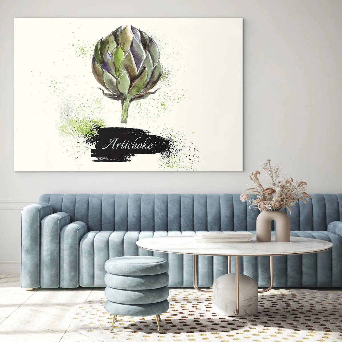 Impression sur verre - Image sur verre - Graphique d'artichaut à l'aquarelle avec le mot Artichaut écrit dessus - 70x50cm - Vive les légumes! - Décoration murale moderne pour le salon et la chambre ARTTOR