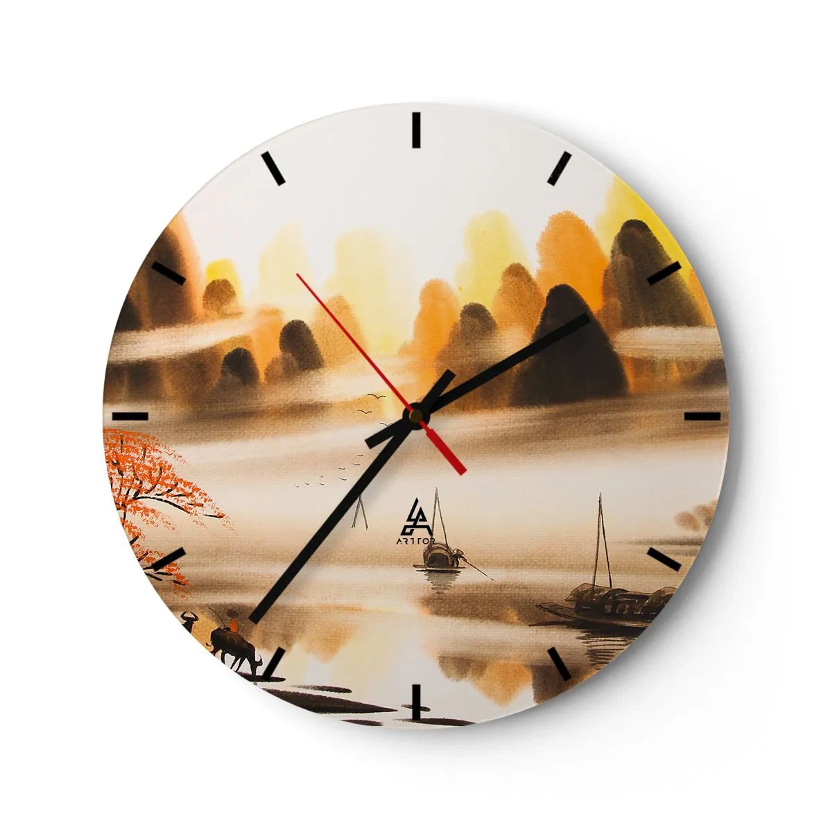 Horloge murale - Pendule murale - Paysage avec des montagnes et des bateaux dans le brouillard dans un style oriental - 30x30cm - Plus loin que l'Extrême-Orient - Décoration murale moderne pour le salon, la cuisine et la chambre ARTTOR